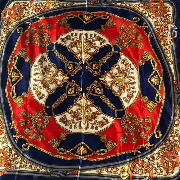 1632- Women’s Square Scarf Red Navy Gold Print 100% Polyester 35”x35” NWT - Picture 3 of 7